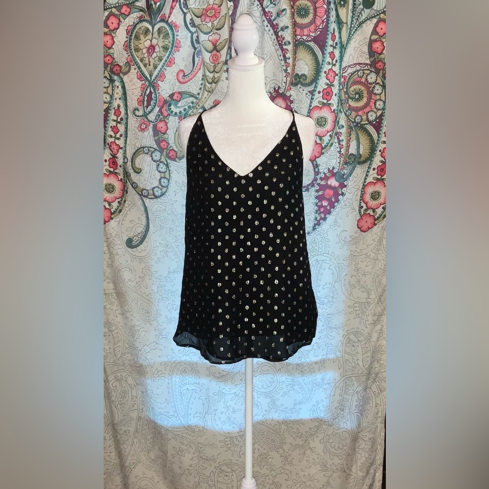 NWOT LOFT Size Medium Petite Black Camisole Tank Top Gold Shimmer Polka Dots
